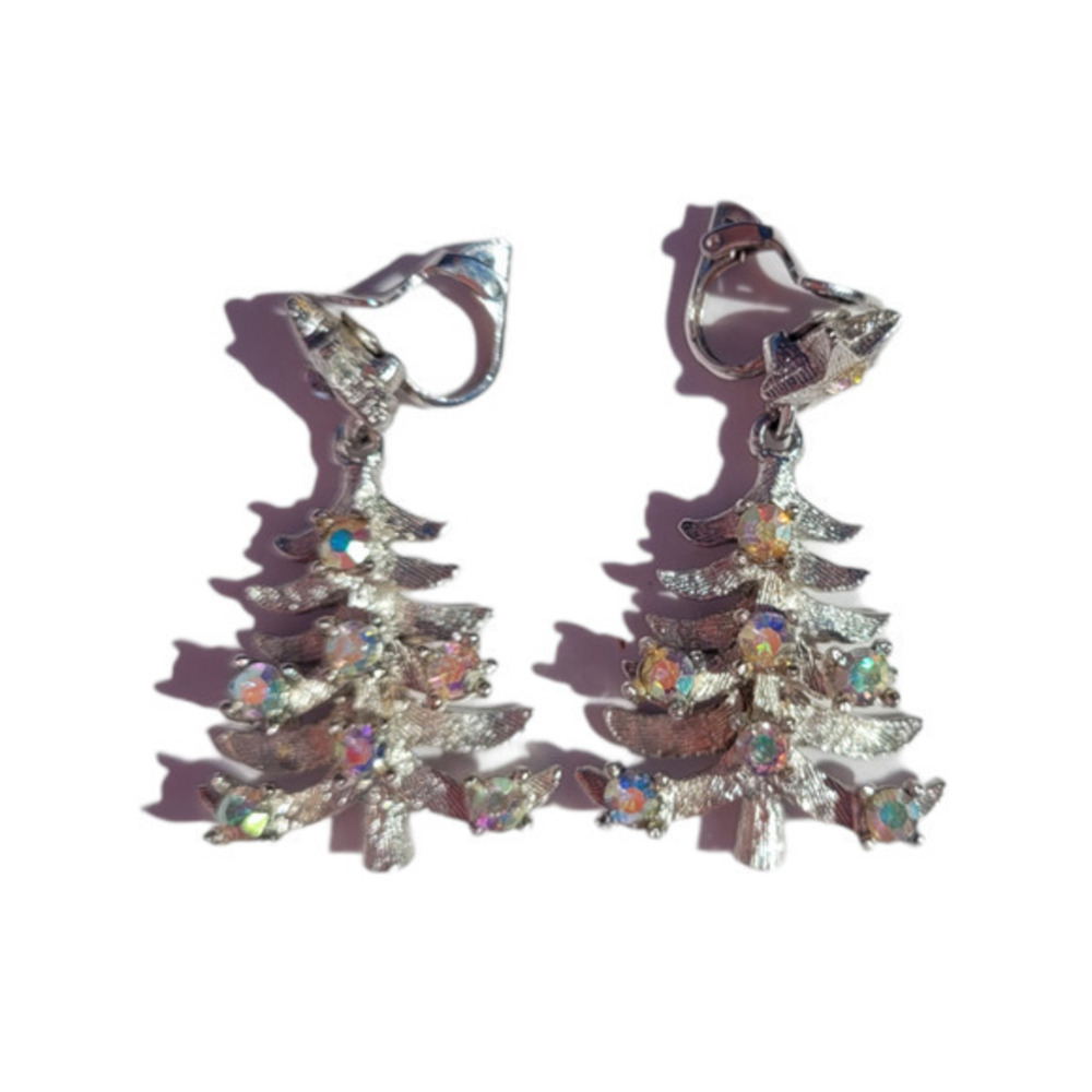 Vintage MYLU Silver Tone Rhinestone Christmas Tree Clip-On Earrings‎